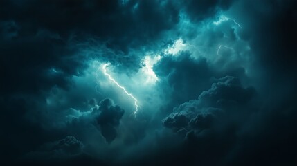 Fototapeta premium Dark, stormy clouds with lightning, a dark blue and black color palette, and a cinematic feel