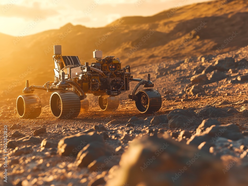 Poster a robotic rover navigating the rocky surface of mars, collecting samples and sending data back to ea
