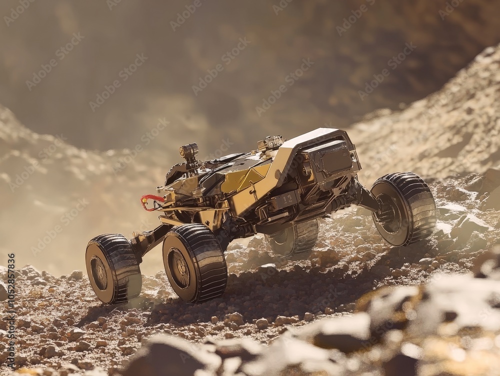 Aufkleber a robotic rover navigating the rocky surface of mars, collecting samples and sending data back to ea