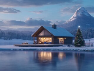 Obraz premium Quiet American lakeside cabin with a Christmas tree on the porch peaceful snowy evening