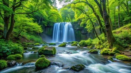 Scenic view of Oirase River flowing through lush forests with Choshi Ootaki waterfall in Aomori