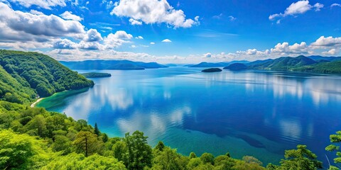 Obraz premium Scenic view of Lake Towada in Aomori Prefecture on a sunny day in August, Aomori, Japan, Lake Towada, landscape, scenic, nature