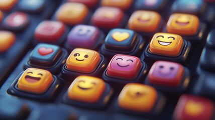 CU Macro of colorful pastel keyboard where every key is a different happy emoji.