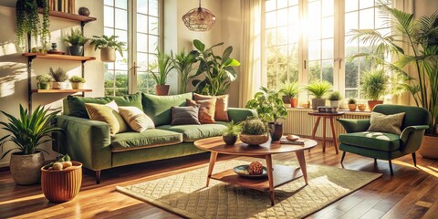 Fototapeta premium Vintage Style Sunny Living Room Interior with Green Sofa, Coffee Table, and Houseplants - Cozy Home Decor Inspiration