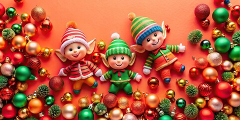 Fototapeta premium Cheerful elves surrounded by colorful ornaments on a vibrant coral background, elves, hats, green, red, cheerful, vibrant