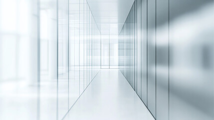 Fototapeta premium An office with glass doors leading to an open space where people work at desks, blurred background Office bokeh