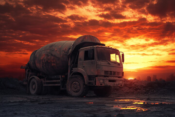 Concrete mixer truck at construction site with sunset background, perfect for industrial and construction visuals