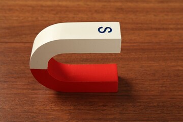 One color horseshoe magnet on wooden table, closeup