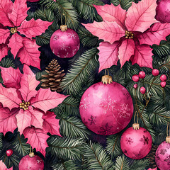  Pink poinsettia flowers, pink Christmas ornaments, and pine cones on green tree branches, seamless pattern, watercolor, dark background.