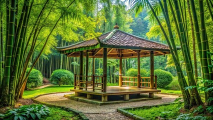 Obraz premium Bamboo pavilion surrounded by lush greenery , bamboo, pavilion, structure, architecture, nature, outdoor, peaceful