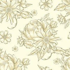 Floral seamless pattern of delicate peonies and daisies. The flowers are drawn in a detailed, vintage style on a light yellow background