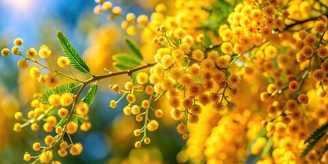 Vibrant image of a Pearl Acacia plant with bright golden flowers , Australian, native, plant, Pearl Acacia