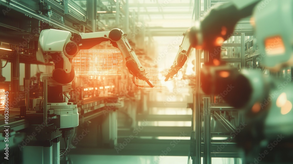 Poster a smart factory being hacked, with robots malfunctioning and production lines halting due to a cyber