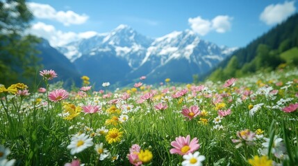 Fototapeta premium A Field of Wildflowers with a Mountain Range in the Background