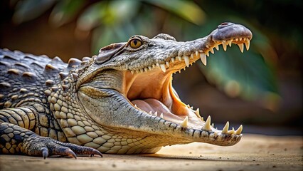 Obraz premium Crocodile with open mouth showing teeth, crocodile, wildlife, predator, reptile, aggressive, dangerous, fierce, teeth, isolated