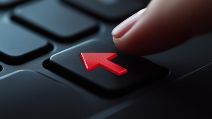 Finger pressing glowing Close up Macro Red Arrow key on a black computer keyboard
