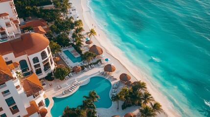 Fototapeta premium Serene beachfront view with a luxurious pool and tropical surroundings in a coastal paradise at sunset