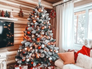 Rustic Christmas tree with homemade American ornaments in a mountain cabin