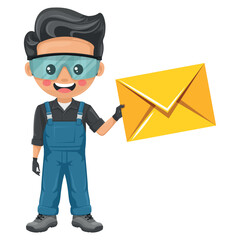 Maintenance technician with letter envelope for email. Concept of communication, notification and contact. Handyman focused on maintenance tasks, repairs in industrial and domestic environments