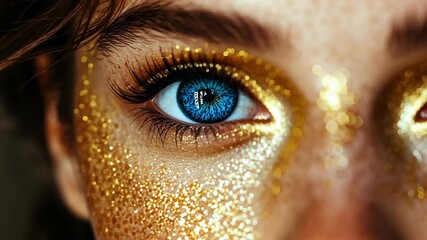 A close-up of a blue eye with gold glitter makeup