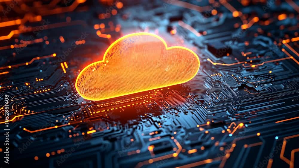 Poster a glowing cloud icon sits on a circuit board, representing the digital world of cloud computing