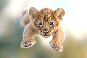 Obraz premium A baby lion is flying through the air