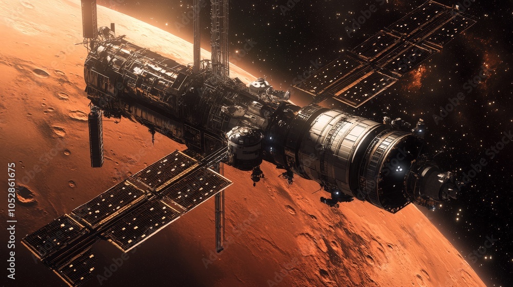 Aufkleber a space station orbiting mars, serving as a base for missions to the planet surface and beyond.