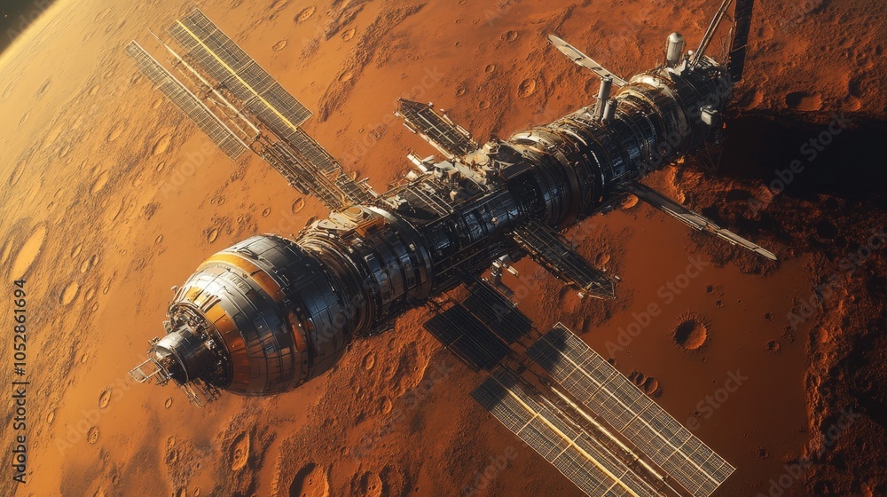 Aufkleber a space station orbiting mars, serving as a base for missions to the planet surface and beyond.