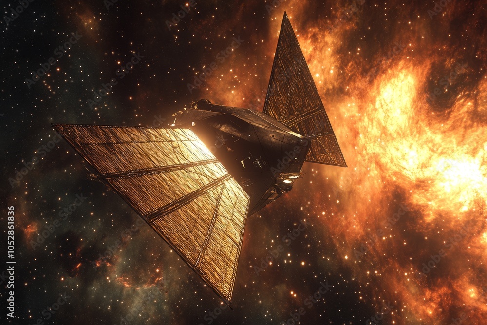 Poster a spacecraft deploying solar sails to travel through deep space, harnessing energy from distant star