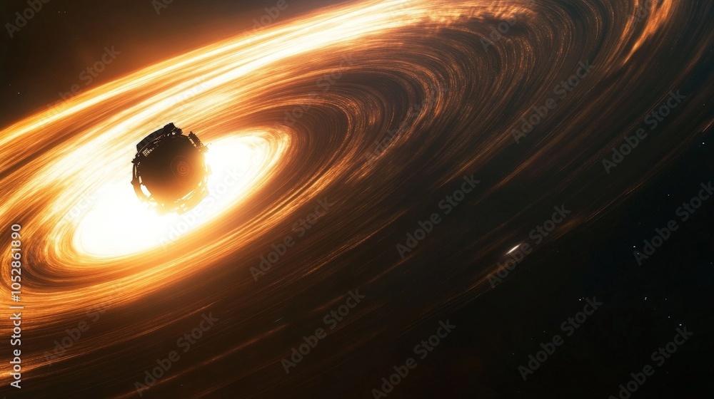 Poster a spacecraft hovering above a black hole, capturing images of the event horizon as it studies this c