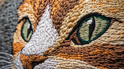 Fototapeta premium Close up of embroidered cat face with stunning detail in stitching crafting concept. Embroidery Art. Illustration