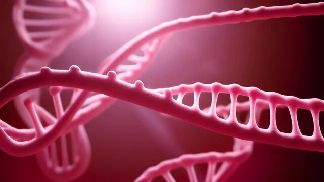 A close-up view of a pink DNA strand, highlighting its double helix structure