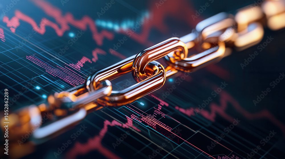 Poster close up of shiny gold chain against digital background, symbolizing strength and connection in tech