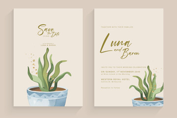 Aesthetic Wedding Invitation with Potted Watercolor Green Leaves Arrangement