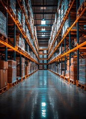 Fototapeta premium A long aisle in a warehouse with shelves stacked high with boxes.