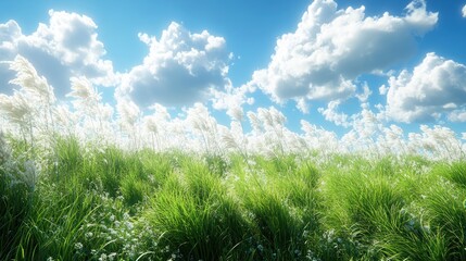 Lush Green Field with White Flowering Grass and a Bright Blue Sky