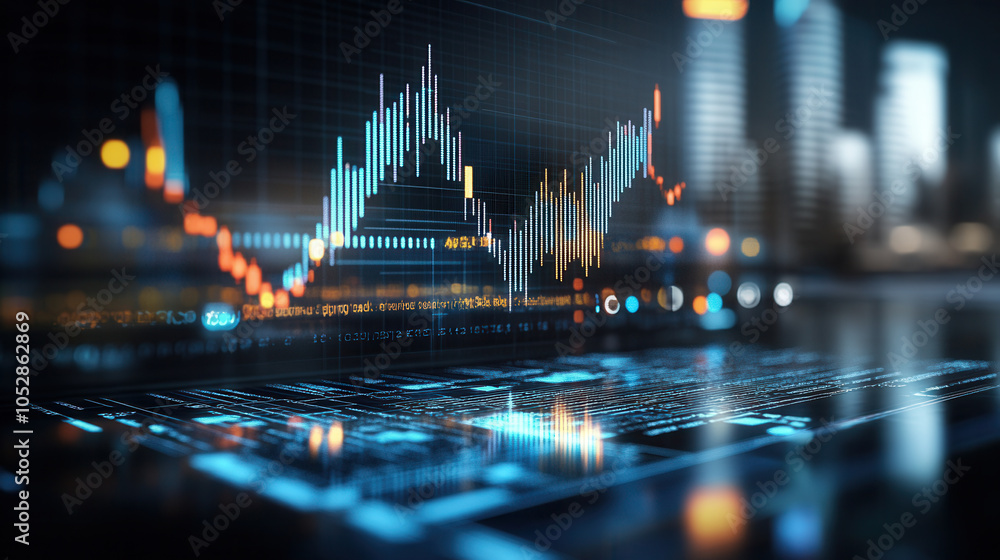 Poster digital screen displaying financial data with fluctuating graphs and charts, representing market tre
