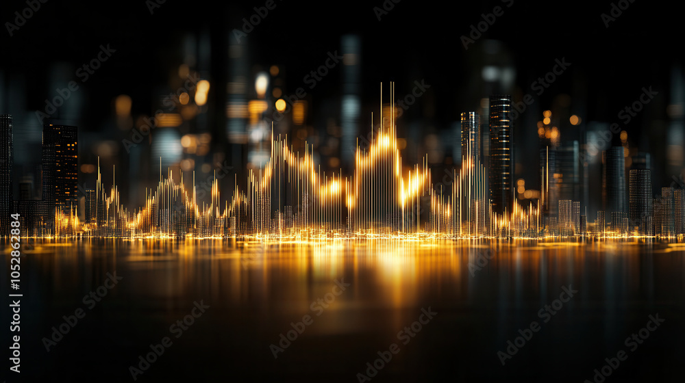 Poster digital screen displaying gold price fluctuations with vibrant city skyline in background creates dy