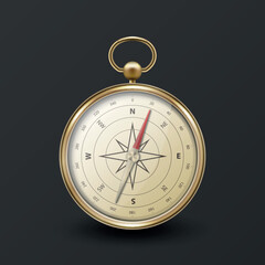 Realistic 3D Vector Compass with Gold Metallic Frame, Navigation Tool Illustration. Vintage Wind Rose Symbol on Dial, Compass Icon Close-up, Isolated