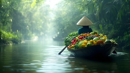 Woman in Conical Hat on Boat Full of Vegetables.