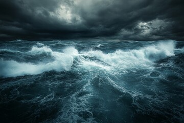 Fototapeta premium A stormy, turbulent sea with crashing waves and dark clouds overhead, symbolizing anger's unpredictable and destructive nature.