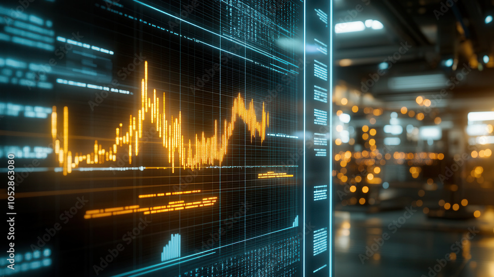 Poster futuristic trading floor with holographic displays showcasing dynamic stock market data and graphs. 