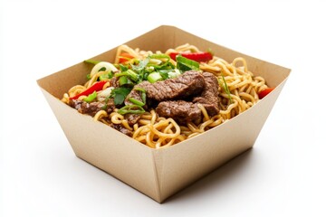 Delicious beef noodle box featuring savory stir-fried noodles with vegetables on a clean white background
