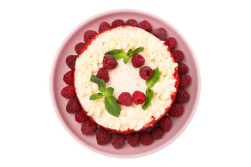 PNG, Whole red velvet cake on plate, isolated on white background, top view