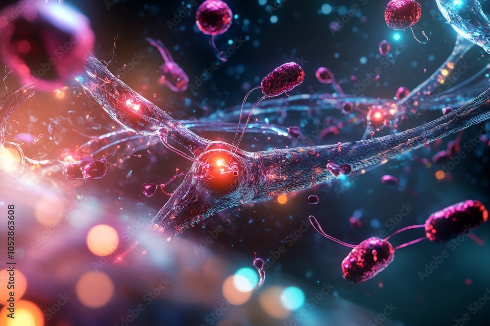 Poster a team of engineers working on biotech-powered nanobots that can navigate through the bloodstream to