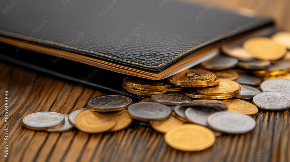 Poster leather wallet overflowing with various coins on wooden table creates rich and inviting scene. contr
