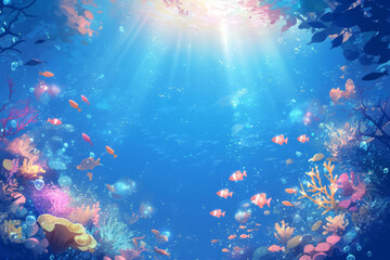 Underwater scene with vibrant coral reefs and colorful fish swimming gracefully
