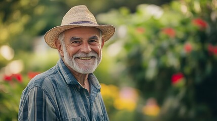 Outdoor portrait of happy older white man. 