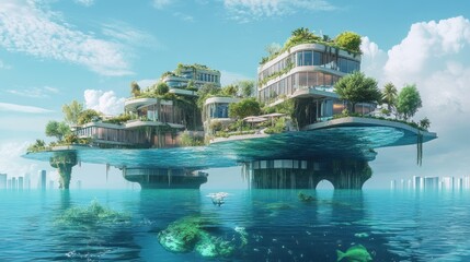 Obraz premium A futuristic, eco-friendly floating city with lush greenery, swimming pools, and modern architecture.