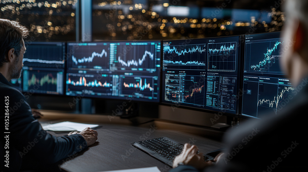 Poster data analysts are focused on financial trends while monitoring multiple screens displaying stock mar